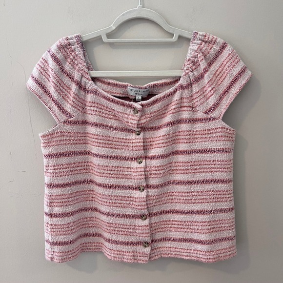 Texture & Thread Madewell Top Striped Button Front Short Sleeve Pink Large - Picture 1 of 6